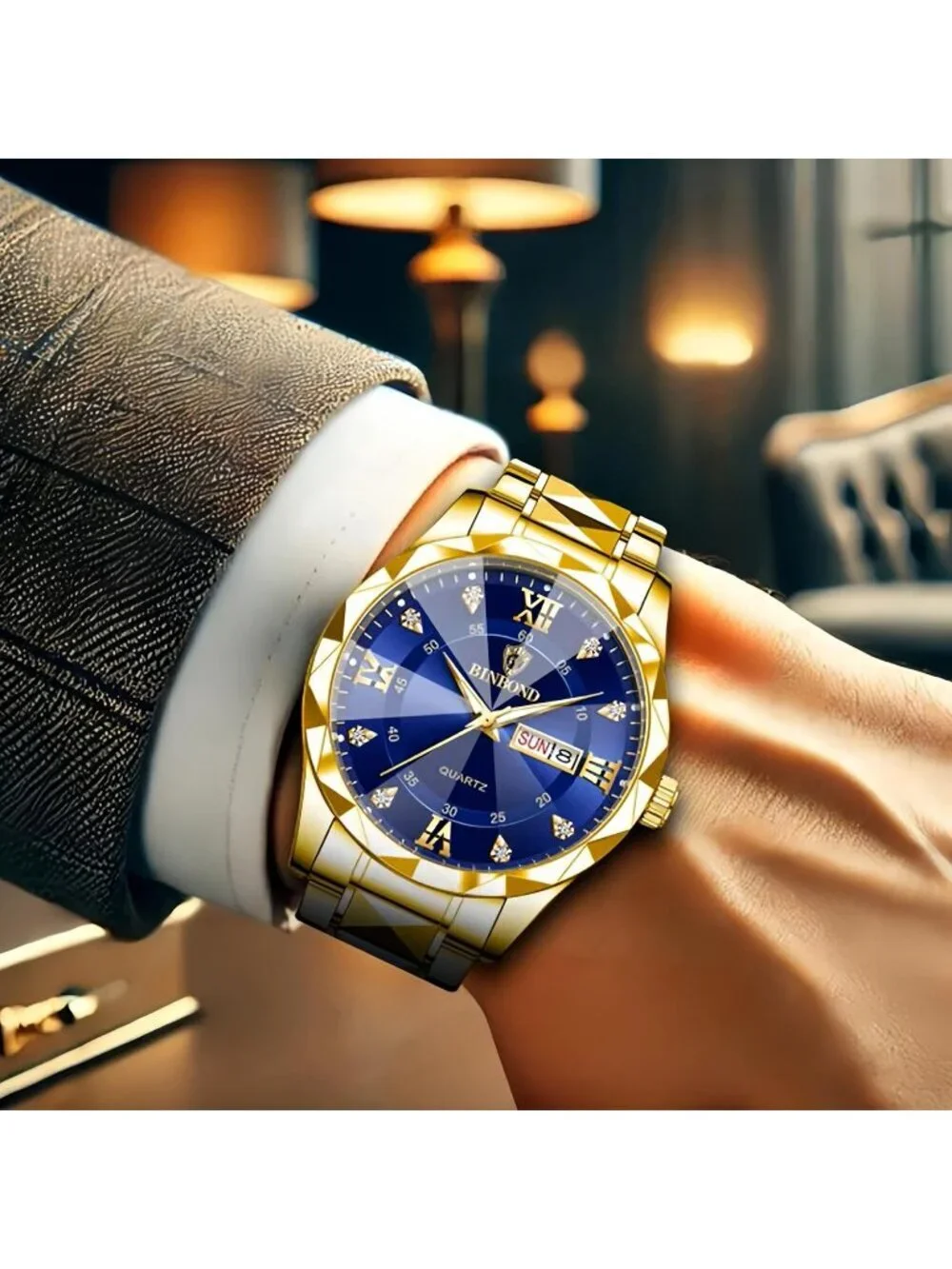 Mens Gold And Blue Analog Stainless Steel Roman Numeral Diamond Waterproof Watch